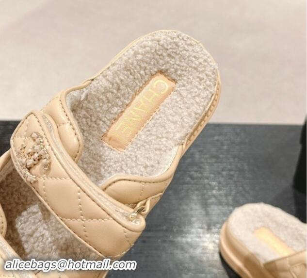 Pretty Style Chanel Quilted Calfskin & Shearling Wool Flat Slides Sandal with Chain CC Light Beige 121145