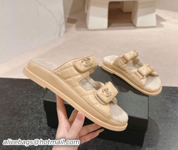 Pretty Style Chanel Quilted Calfskin & Shearling Wool Flat Slides Sandal with Chain CC Light Beige 121145