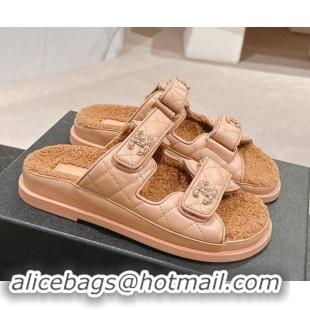 Perfect Chanel Quilted Calfskin & Shearling Wool Flat Slides Sandal with Chain CC Rose Beige 121146