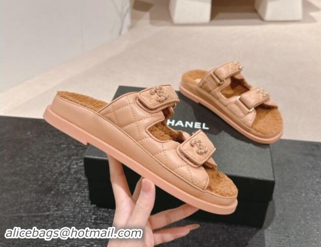 Perfect Chanel Quilted Calfskin & Shearling Wool Flat Slides Sandal with Chain CC Rose Beige 121146