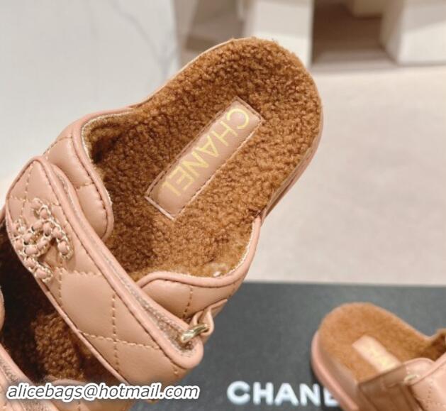 Perfect Chanel Quilted Calfskin & Shearling Wool Flat Slides Sandal with Chain CC Rose Beige 121146