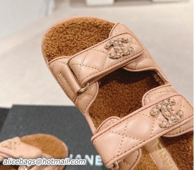 Perfect Chanel Quilted Calfskin & Shearling Wool Flat Slides Sandal with Chain CC Rose Beige 121146