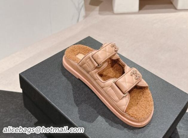 Perfect Chanel Quilted Calfskin & Shearling Wool Flat Slides Sandal with Chain CC Rose Beige 121146