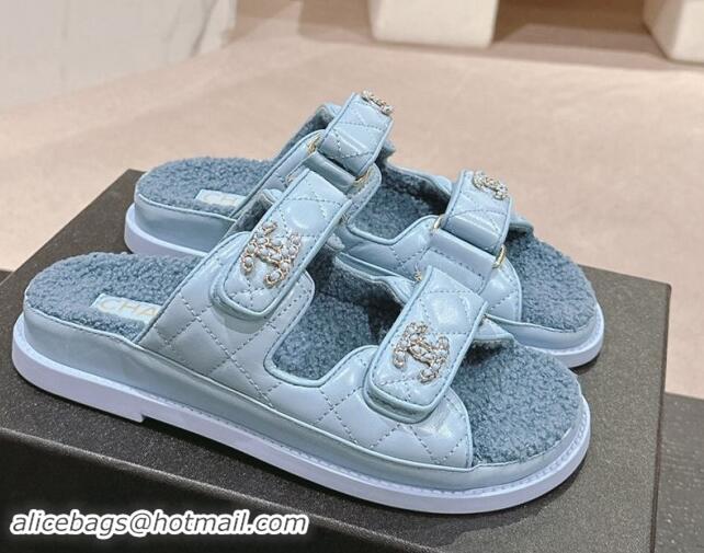 Shop Cheap Chanel Quilted Calfskin & Shearling Wool Flat Slides Sandal with Chain CC Light Blue 121147