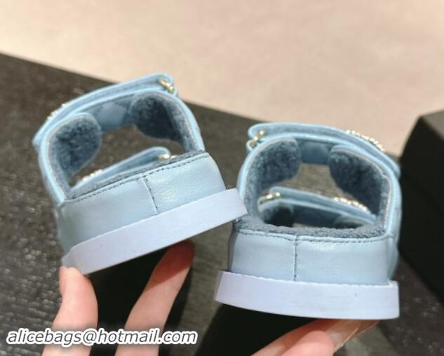 Shop Cheap Chanel Quilted Calfskin & Shearling Wool Flat Slides Sandal with Chain CC Light Blue 121147