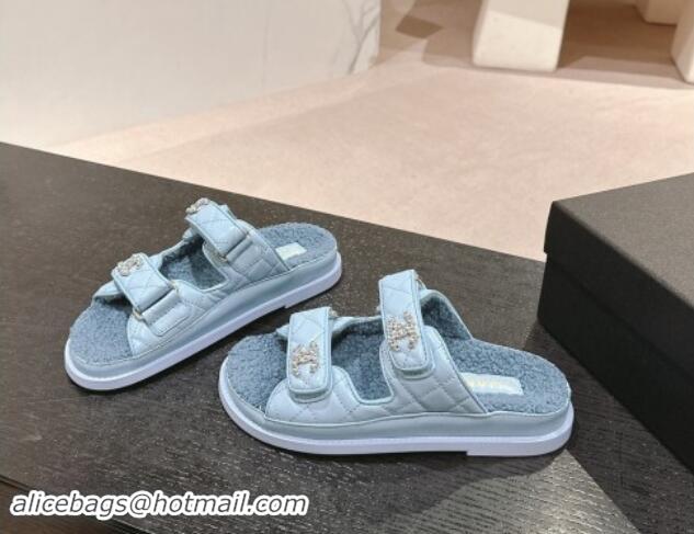 Shop Cheap Chanel Quilted Calfskin & Shearling Wool Flat Slides Sandal with Chain CC Light Blue 121147