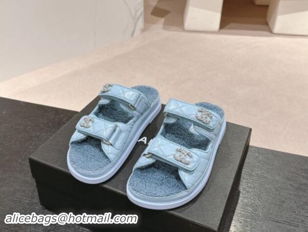 Shop Cheap Chanel Quilted Calfskin & Shearling Wool Flat Slides Sandal with Chain CC Light Blue 121147