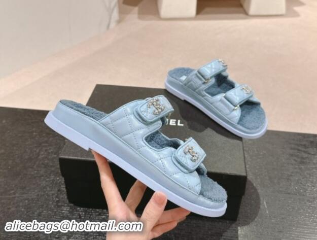 Shop Cheap Chanel Quilted Calfskin & Shearling Wool Flat Slides Sandal with Chain CC Light Blue 121147