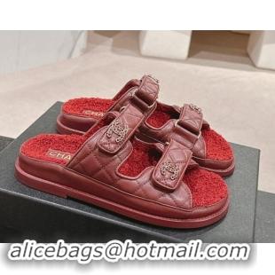 Best Grade Chanel Quilted Calfskin & Shearling Wool Flat Slides Sandal with Chain CC Burgundy 1121148