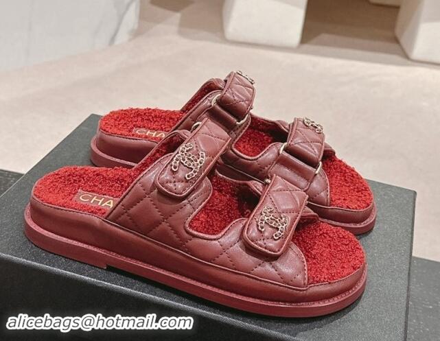 Best Grade Chanel Quilted Calfskin & Shearling Wool Flat Slides Sandal with Chain CC Burgundy 1121148