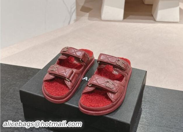 Best Grade Chanel Quilted Calfskin & Shearling Wool Flat Slides Sandal with Chain CC Burgundy 1121148