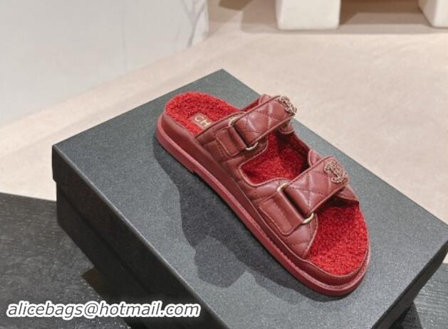 Best Grade Chanel Quilted Calfskin & Shearling Wool Flat Slides Sandal with Chain CC Burgundy 1121148