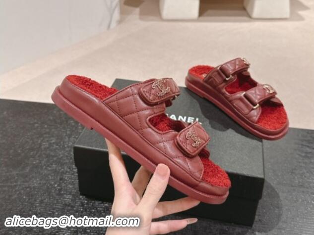 Best Grade Chanel Quilted Calfskin & Shearling Wool Flat Slides Sandal with Chain CC Burgundy 1121148