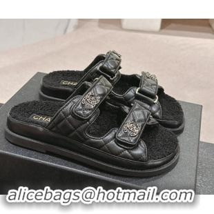 Grade Quality Chanel Quilted Calfskin & Shearling Wool Flat Slides Sandal with Chain CC Black 121149