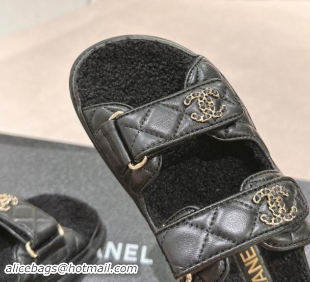 Grade Quality Chanel Quilted Calfskin & Shearling Wool Flat Slides Sandal with Chain CC Black 121149