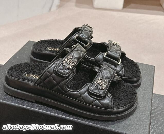 Grade Quality Chanel Quilted Calfskin & Shearling Wool Flat Slides Sandal with Chain CC Black 121149