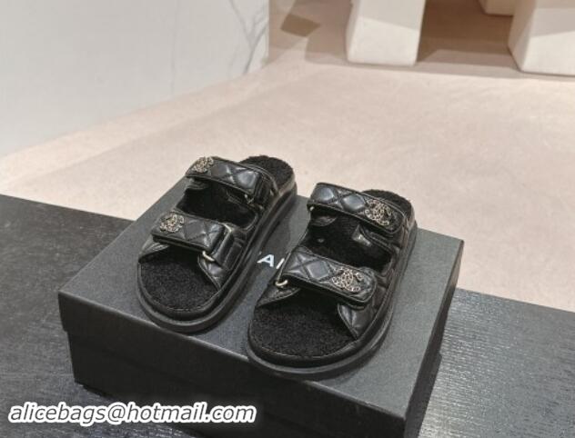 Grade Quality Chanel Quilted Calfskin & Shearling Wool Flat Slides Sandal with Chain CC Black 121149