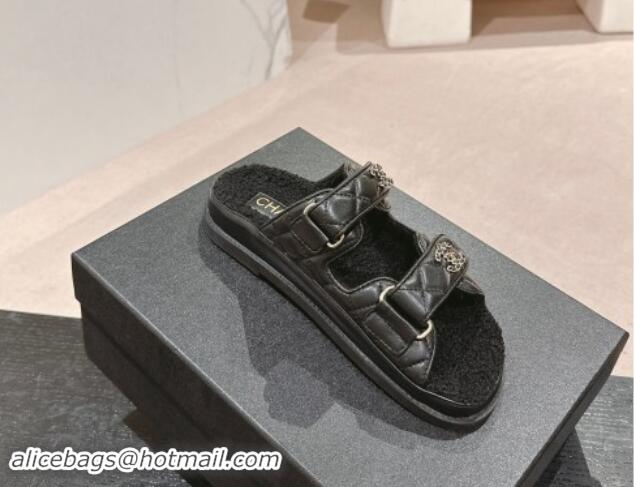 Grade Quality Chanel Quilted Calfskin & Shearling Wool Flat Slides Sandal with Chain CC Black 121149