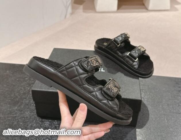 Grade Quality Chanel Quilted Calfskin & Shearling Wool Flat Slides Sandal with Chain CC Black 121149