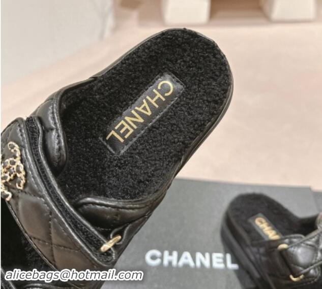 Grade Quality Chanel Quilted Calfskin & Shearling Wool Flat Slides Sandal with Chain CC Black 121149