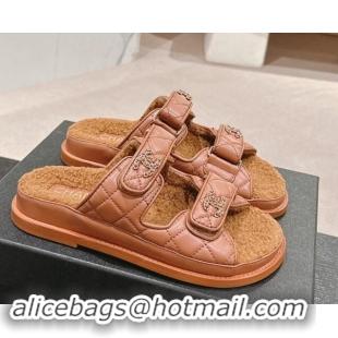 Shop Cheap Chanel Quilted Calfskin & Shearling Wool Flat Slides Sandal with Chain CC Brown 121150