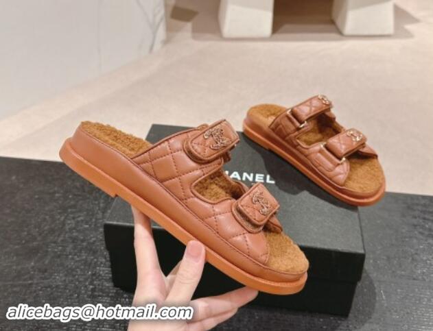 Shop Cheap Chanel Quilted Calfskin & Shearling Wool Flat Slides Sandal with Chain CC Brown 121150