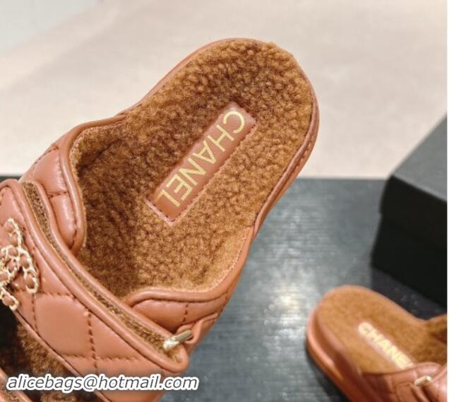 Shop Cheap Chanel Quilted Calfskin & Shearling Wool Flat Slides Sandal with Chain CC Brown 121150