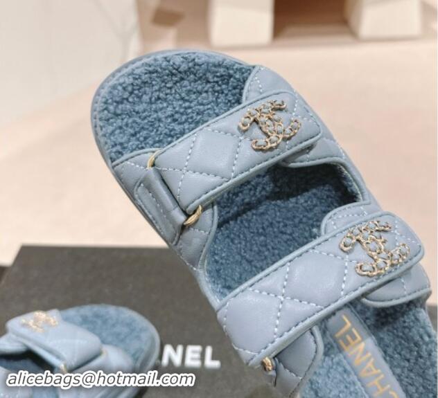 Unique Style Chanel Quilted Calfskin & Shearling Wool Flat Slides Sandal with Chain CC Blue 121151