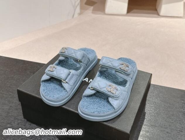 Unique Style Chanel Quilted Calfskin & Shearling Wool Flat Slides Sandal with Chain CC Blue 121151