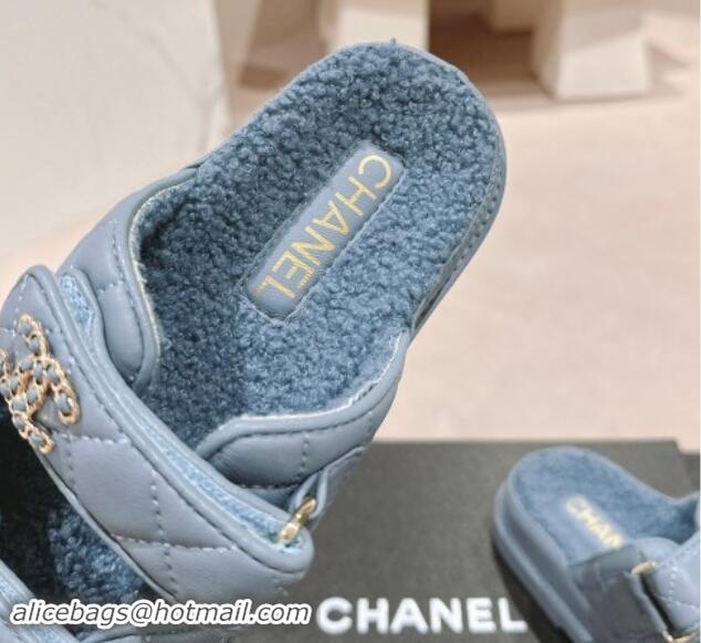 Unique Style Chanel Quilted Calfskin & Shearling Wool Flat Slides Sandal with Chain CC Blue 121151