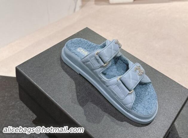 Unique Style Chanel Quilted Calfskin & Shearling Wool Flat Slides Sandal with Chain CC Blue 121151