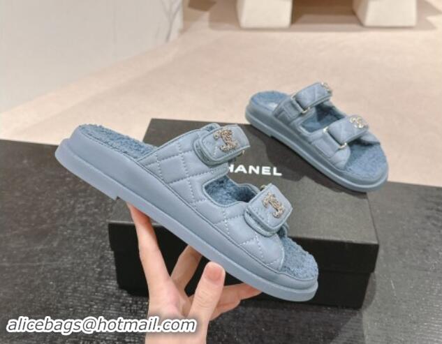 Unique Style Chanel Quilted Calfskin & Shearling Wool Flat Slides Sandal with Chain CC Blue 121151