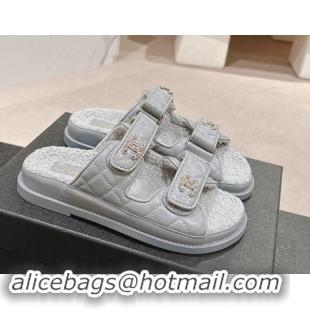 Good Quality Chanel Quilted Calfskin & Shearling Wool Flat Slides Sandal with Chain CC Grey 121152