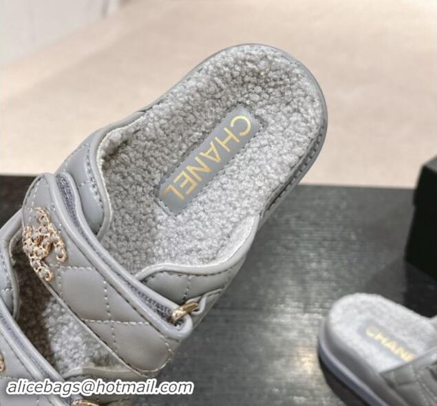 Good Quality Chanel Quilted Calfskin & Shearling Wool Flat Slides Sandal with Chain CC Grey 121152