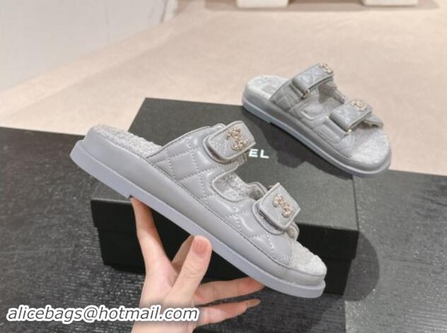 Good Quality Chanel Quilted Calfskin & Shearling Wool Flat Slides Sandal with Chain CC Grey 121152