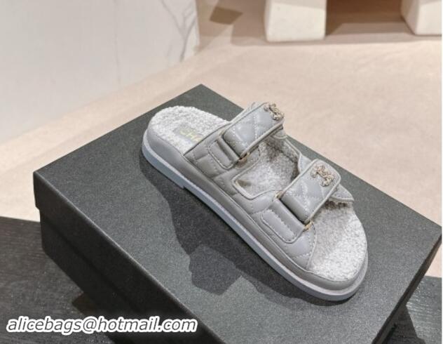 Good Quality Chanel Quilted Calfskin & Shearling Wool Flat Slides Sandal with Chain CC Grey 121152