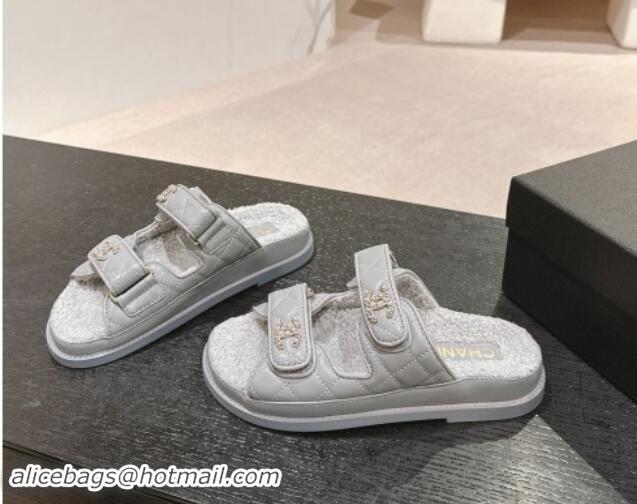 Good Quality Chanel Quilted Calfskin & Shearling Wool Flat Slides Sandal with Chain CC Grey 121152