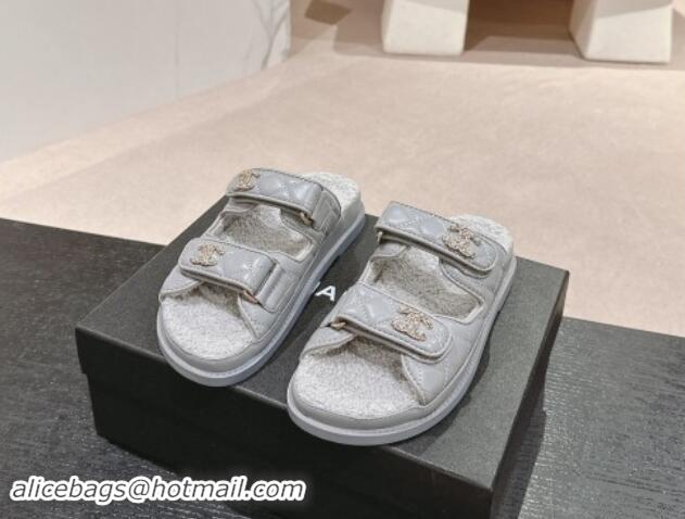 Good Quality Chanel Quilted Calfskin & Shearling Wool Flat Slides Sandal with Chain CC Grey 121152