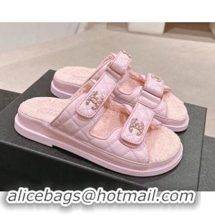 Good Quality Chanel Quilted Calfskin & Shearling Wool Flat Slides Sandal with Chain CC Light Pink 1121153