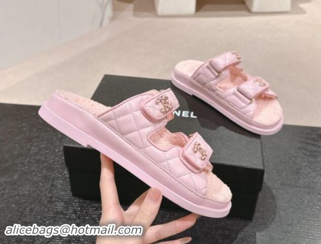 Good Quality Chanel Quilted Calfskin & Shearling Wool Flat Slides Sandal with Chain CC Light Pink 1121153