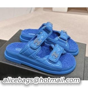 Buy Luxury Chanel Quilted Calfskin & Shearling Wool Flat Slides Sandal with Chain CC Sky Blue 121154