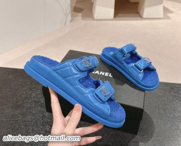 Buy Luxury Chanel Quilted Calfskin & Shearling Wool Flat Slides Sandal with Chain CC Sky Blue 121154