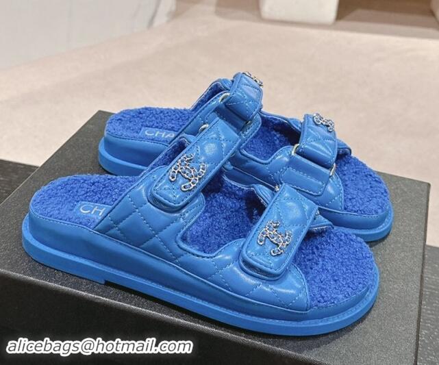 Buy Luxury Chanel Quilted Calfskin & Shearling Wool Flat Slides Sandal with Chain CC Sky Blue 121154