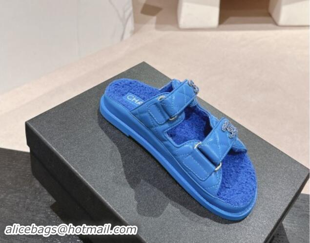 Buy Luxury Chanel Quilted Calfskin & Shearling Wool Flat Slides Sandal with Chain CC Sky Blue 121154