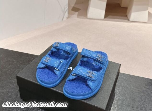 Buy Luxury Chanel Quilted Calfskin & Shearling Wool Flat Slides Sandal with Chain CC Sky Blue 121154