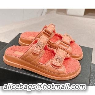 Buy Discount Chanel Quilted Calfskin & Shearling Wool Flat Slides Sandal with Chain CC Orange 121155