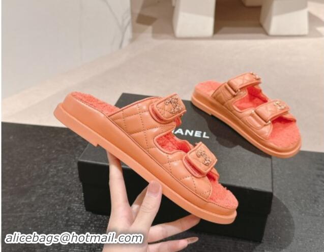 Buy Discount Chanel Quilted Calfskin & Shearling Wool Flat Slides Sandal with Chain CC Orange 121155