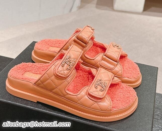 Buy Discount Chanel Quilted Calfskin & Shearling Wool Flat Slides Sandal with Chain CC Orange 121155