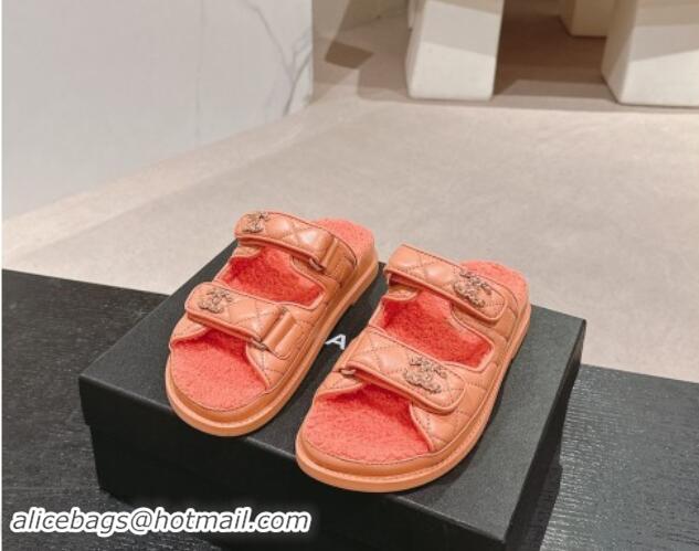 Buy Discount Chanel Quilted Calfskin & Shearling Wool Flat Slides Sandal with Chain CC Orange 121155