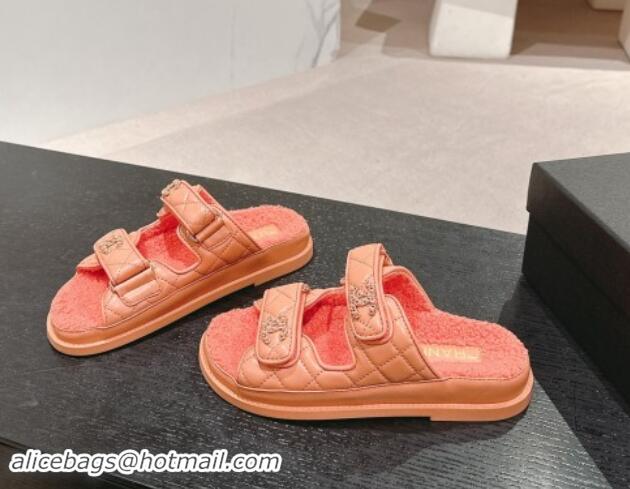 Buy Discount Chanel Quilted Calfskin & Shearling Wool Flat Slides Sandal with Chain CC Orange 121155